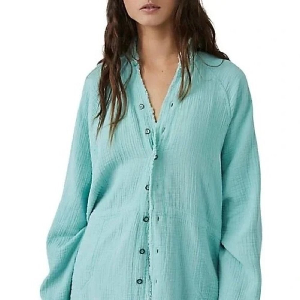 FREE PEOPLE We the Free Summer Daydream Button Down Shirt Blue Sea Green M NEW